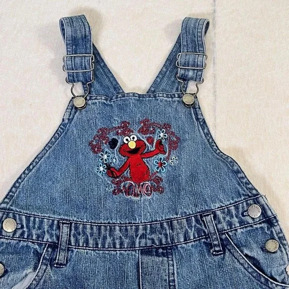 Vintage Sesame Street Elmo Denim Overalls‎ Girls 5T Blue Jean Bib Pants - Picture 3 of 5